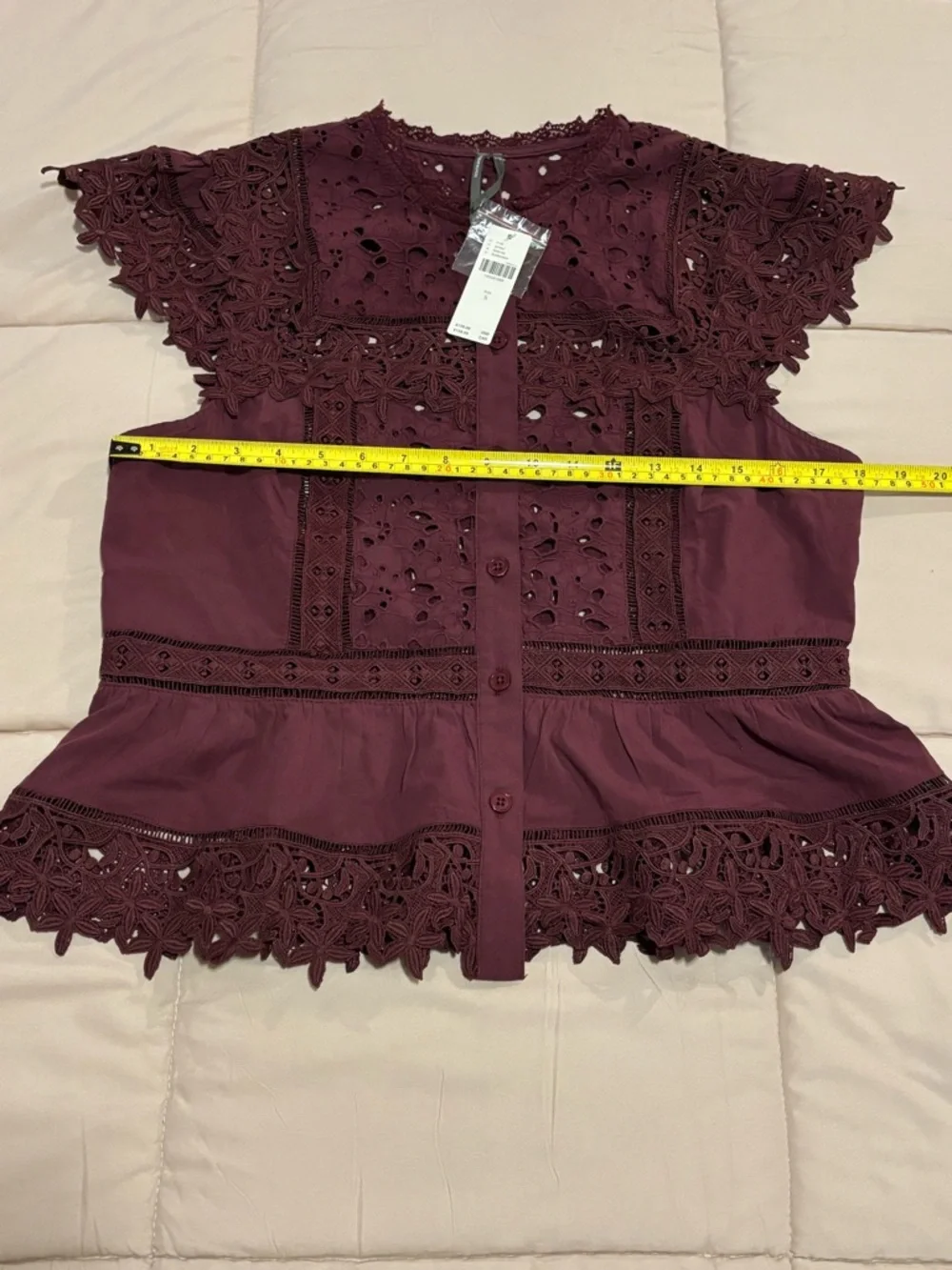 Anthropologie Sleeveless High-Neck Lace-Inset Blouse | Eyelet Button-Front Top - Picture 9 of 12